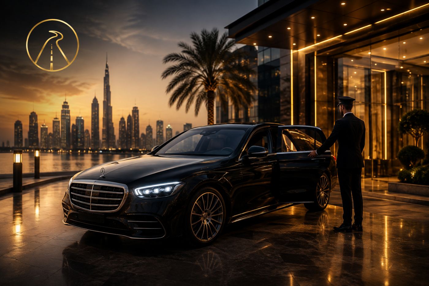 hero image — luxury sedan with chauffeur at night